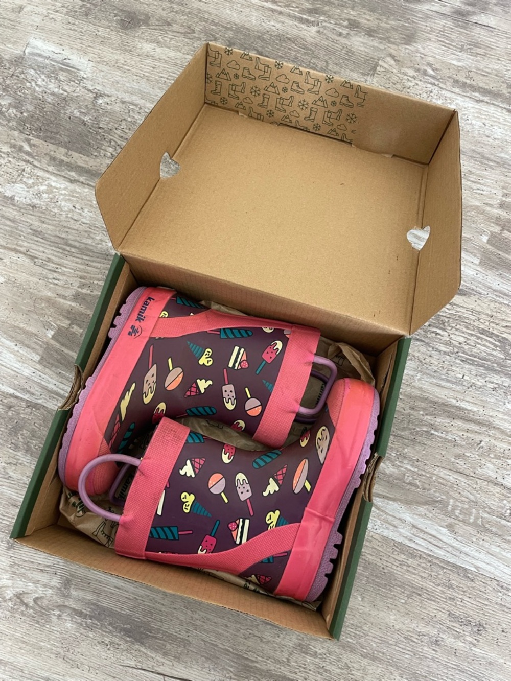 Kamik Pink and Purple Kids Rain Boots with Icecream Pattern